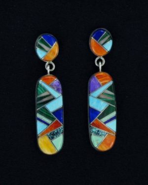 Navajo Large Multi-Stone Inlaid Oval Dangle Earring