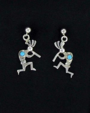 Navajo Silver Kokopelli with Turquoise Stone Post Dangle Earring