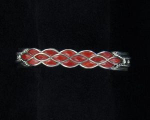 Zuni Inlaid Coral Bracelet With Roped Sterling Silver