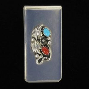 Navajo Turquoise and Coral Stone Money Clip