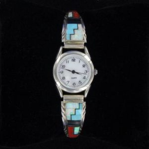 Navajo Inlaid Multi-Stone with Tooled Silver Border Watch