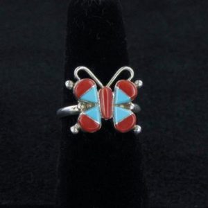 Zuni Turquoise & Coral Inlaid Butterfly Ring