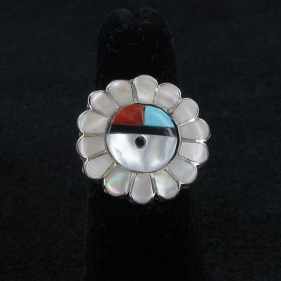 MOP Zuni Inlay Sunface Petite Ring Size 3 12 Sterling Silver with Turquoise Southwestern Jewelry Coral and Jet