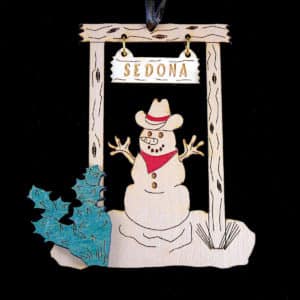 Colorful Cowboy Snowman & Prickly Pear Cactus Wood Ornament
