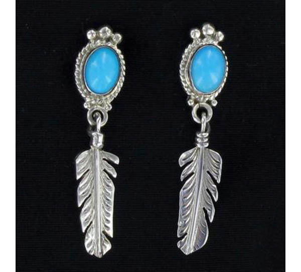 12 x Wholesale Vintage Silver Dangling Dangle Tribal Feather Turquoise Earrings 