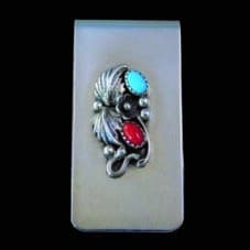 Navajo Turquoise and Coral Stone Money Clip