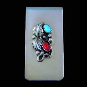 Navajo Turquoise and Coral Stone Money Clip