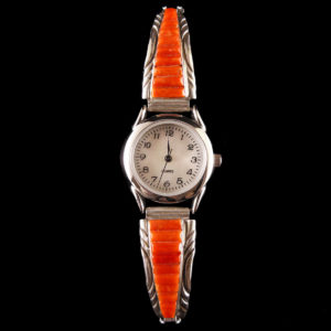 Navajo Inlaid Beveled Coral Watch Band