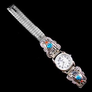 Large Navajo Bear Claw Turquoise and Coral Stones Watch