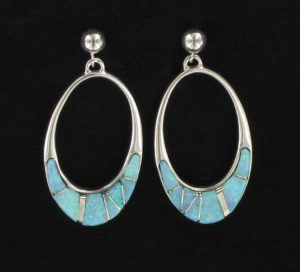 White Cultured Opal Inlaid Oval Hoop Earring