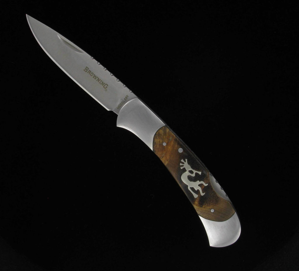 Kokopelli & Wood Inlaid Browning knife Joe Wilcox Indian Den
