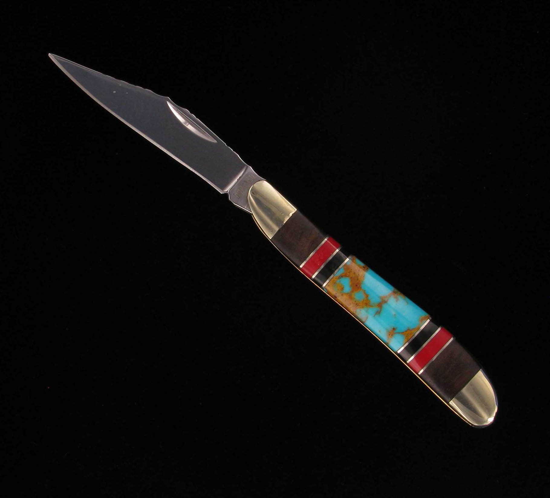 Turquoise, Coral, and Onyx, Inlaid knife Joe Wilcox Indian Den