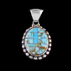 #8 Turquoise Inlaid Oval & Silver Beads Pendant