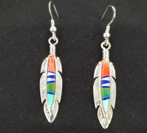 Calvin Begay Multi-Stone Feather Inlaid Earrings