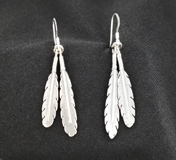 Native American Navajo Indian Jewelry Sterling Silver Double Feather Earrings 
