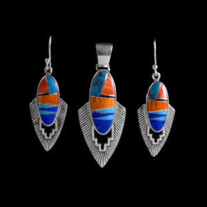 Multi-Stone Oblong Necklace-Pendant and Earring Set