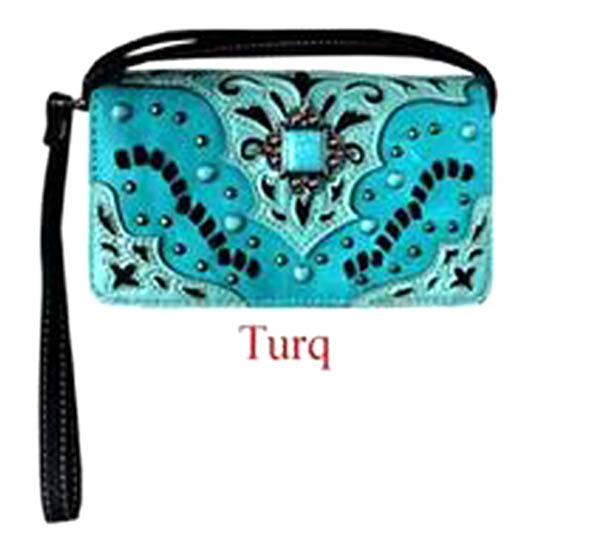 10X Beauty Blue Turquoise Brass Floral Leather Rosettes Wallet Western Concho 