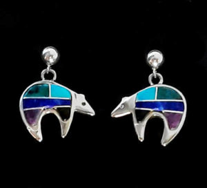 NZE-98 Navajo Fetish Bear Multi-Stone Inlaid Earrings