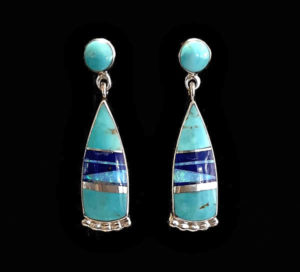 Turquoise, Lapis & Cultured Opal Handcrafted Navajo Earrings NZE-113