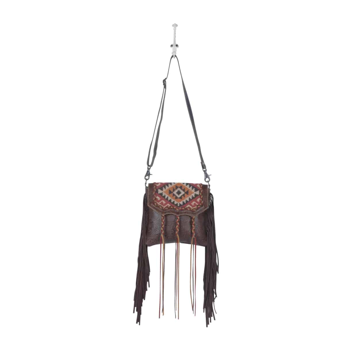 Western Leather Crossbody Bag With Leather Fringe Aztec 