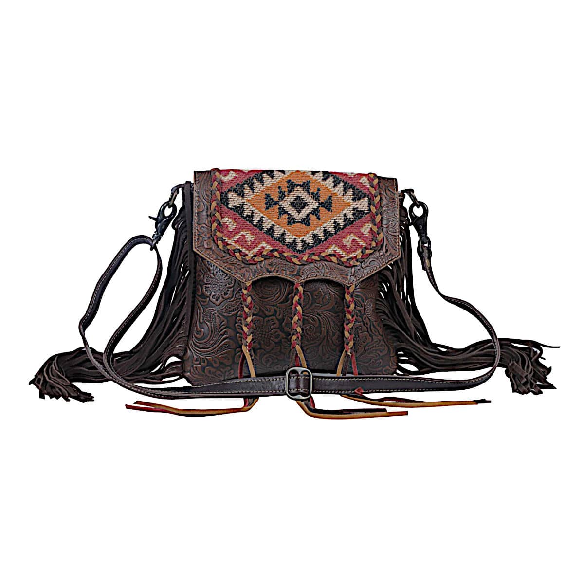 Tassel WESTERN LEATHER PURSE Stone, Boho Fringe Bag, Tooled Flower Saddle  Bag