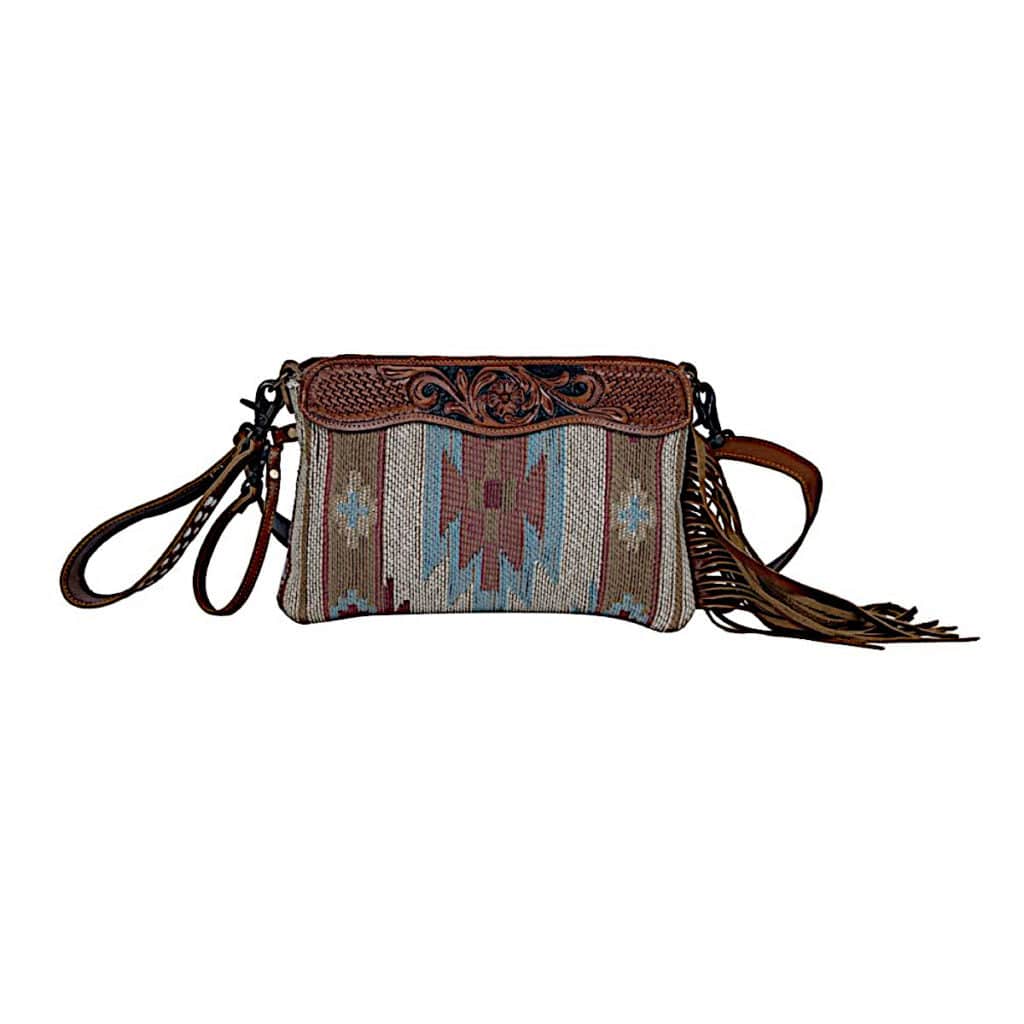 Myra Bag Hazel Tassel Hand-Tooled Crossbody Bag - Embossed Leather With Fringe, Multicolored