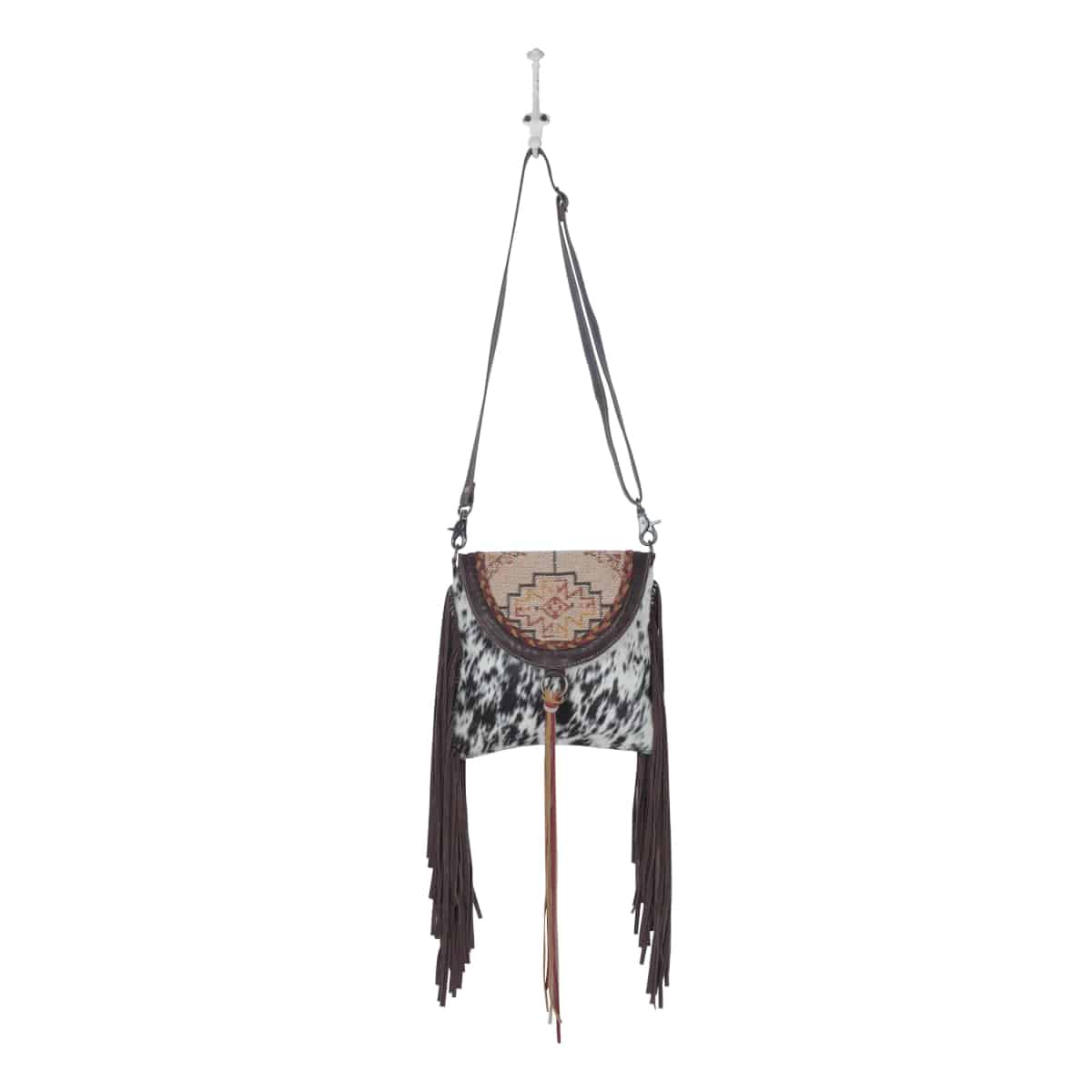 White Crossbody Fringed Leather Bag. Native American Inspired. 