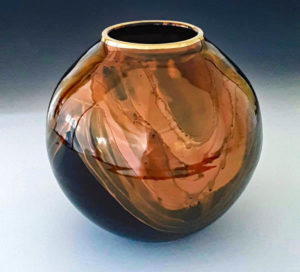 Signed Bruce Fairman Black & Gold Medium Round Vase