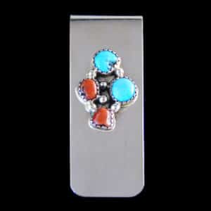 4 Stone Cluster Turquoise & Coral Money Clip