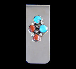 4 Stone Cluster Turquoise & Coral Money Clip