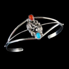 Turquoise & Coral Navajo Silver Flower Bracelet