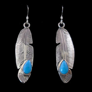 Silver Feather Earring with Turquoise Stone