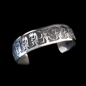 Hopi Native American Silver Overlay Kokopelli Cuff Bracelet