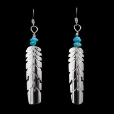 Silver Long Feather Earring w Turquoise