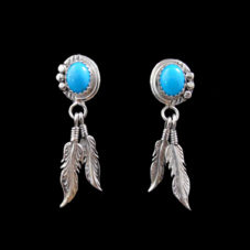 Silver Double Feather Turquoise Earrings