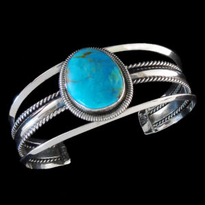 Large Navajo Turquoise & Silver Rope Twist Bracelet