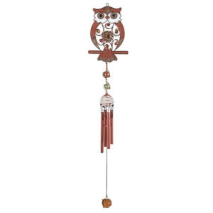 Owl wind chime features an owl design in metal & glass & decorative stones. Top platform is a copper finish coil design with 4 chimes. Safe for indoor/ouOwl Wind Metal & Glass Chimetdoors.