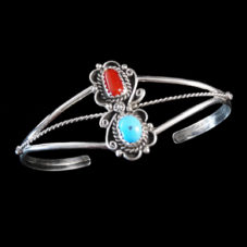 Silver Floral Cuff Bracelet with Turquoise & Red Coral