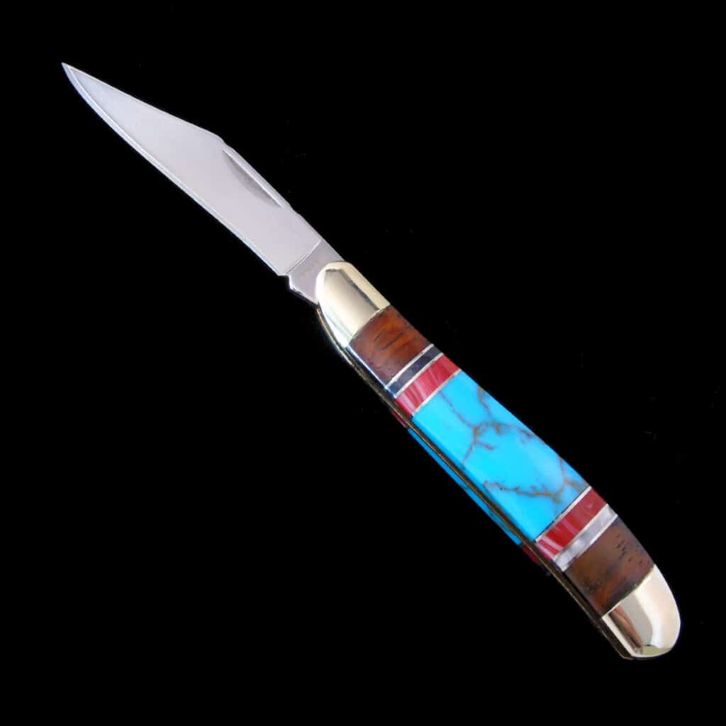 Wood & Turquoise Inlay Pocket Knife Joe Wilcox Indian Den