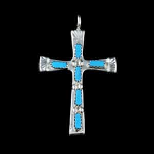 Genuine Quam Silver & Turquoise Cross Pendant