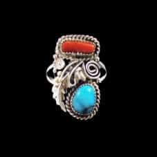 Flower, Leaf & Vine Southwest Turquoise & Coral Ring