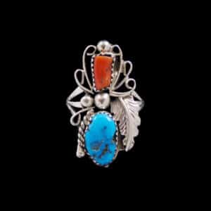 Navajo Turquoise & Coral Ring with Leaf & Vine Motif