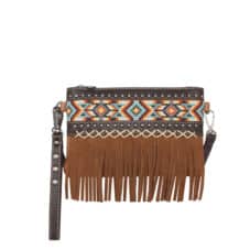 Montana West Embroidered Aztec Brown Leather Fringe Wristlet