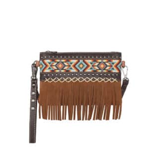 Montana West Embroidered Aztec Brown Leather Fringe Wristlet