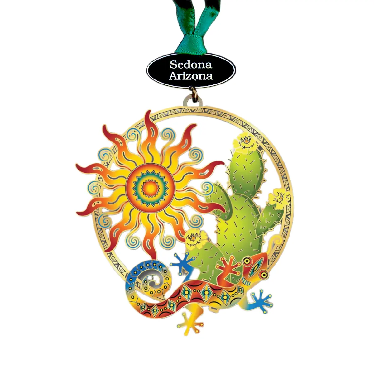 Gecko, Sun and Prickly Pear Cactus Painted Brass Ornament