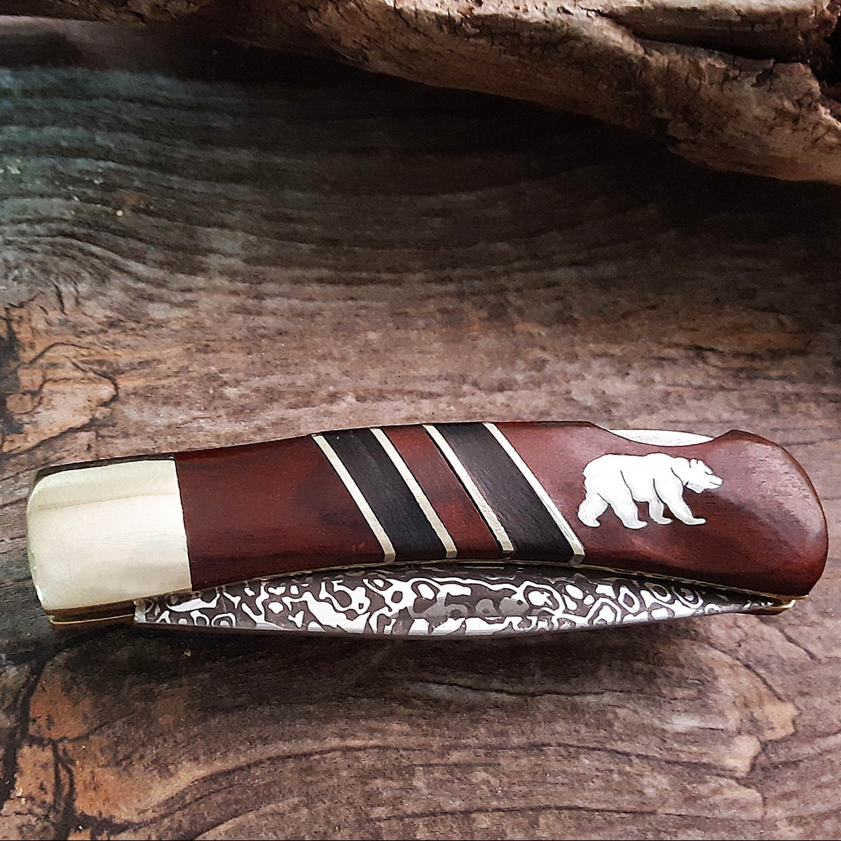Bear Two Tone Wood Knife with Etched Blade