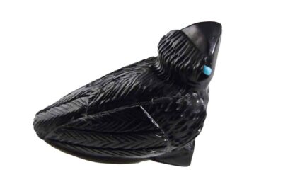 Jet Crow Carving with Inlaid Turquoise Eyes