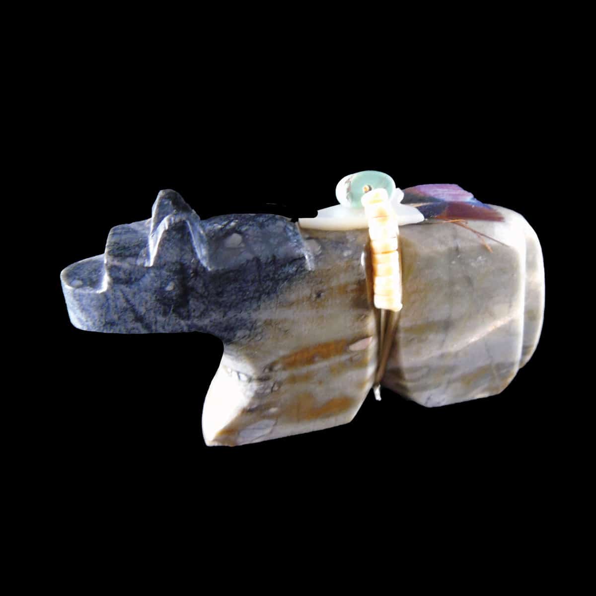 Marble Navajo Wolf Fetish with Arrowhead and Feather