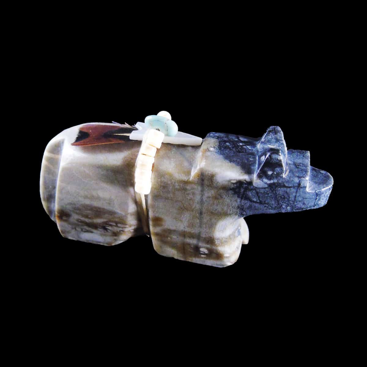 Marble Navajo Wolf Fetish with Arrowhead and Feather - Image 2