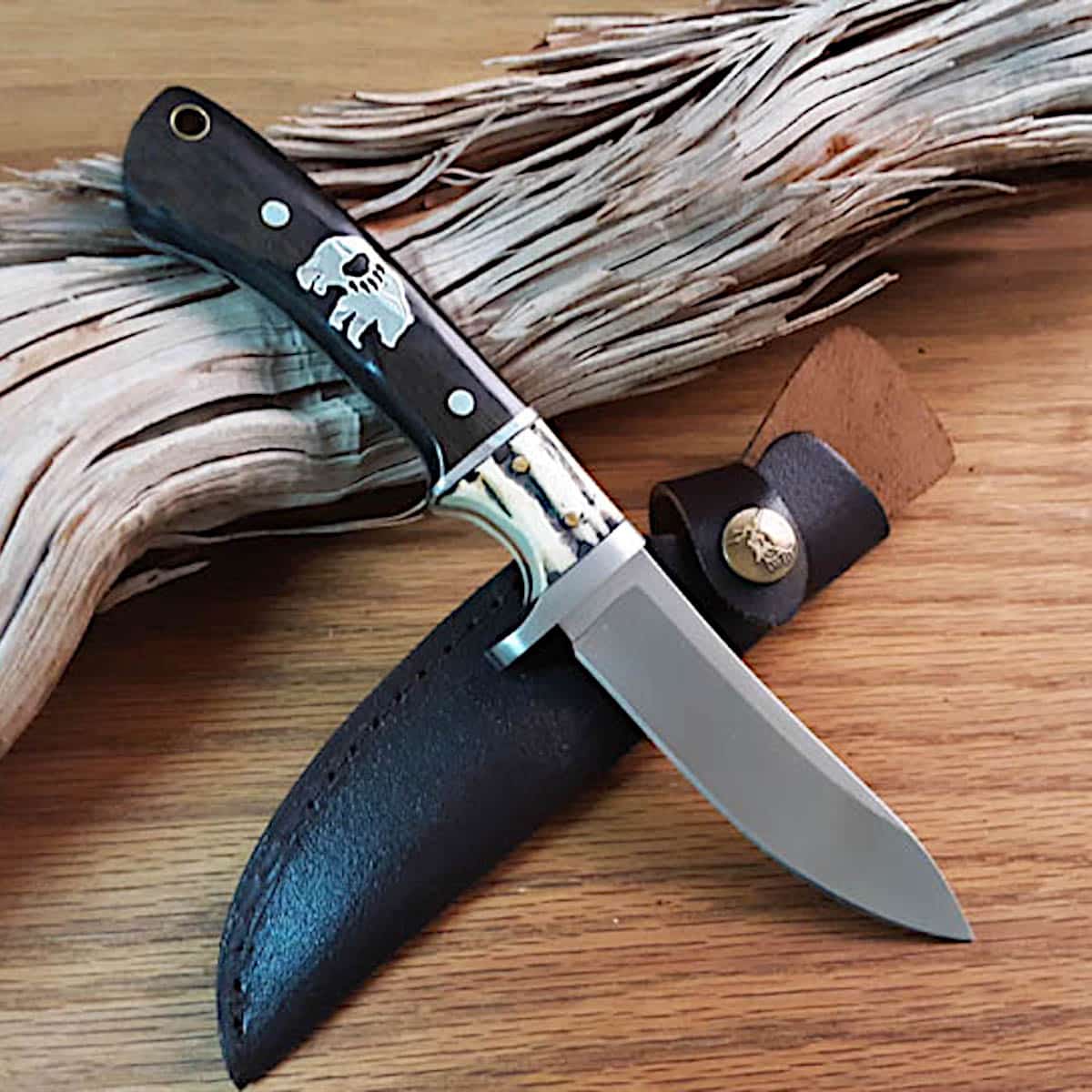 Inlaid Bear Wood & Bone Fixed Blade